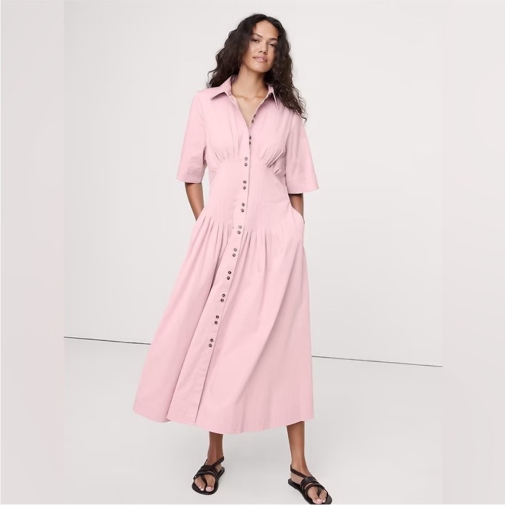 NEW! Banana Republic Pink Stretch-Cotton Poplin Pintuck Long-Midi Shirt Dress🩰
